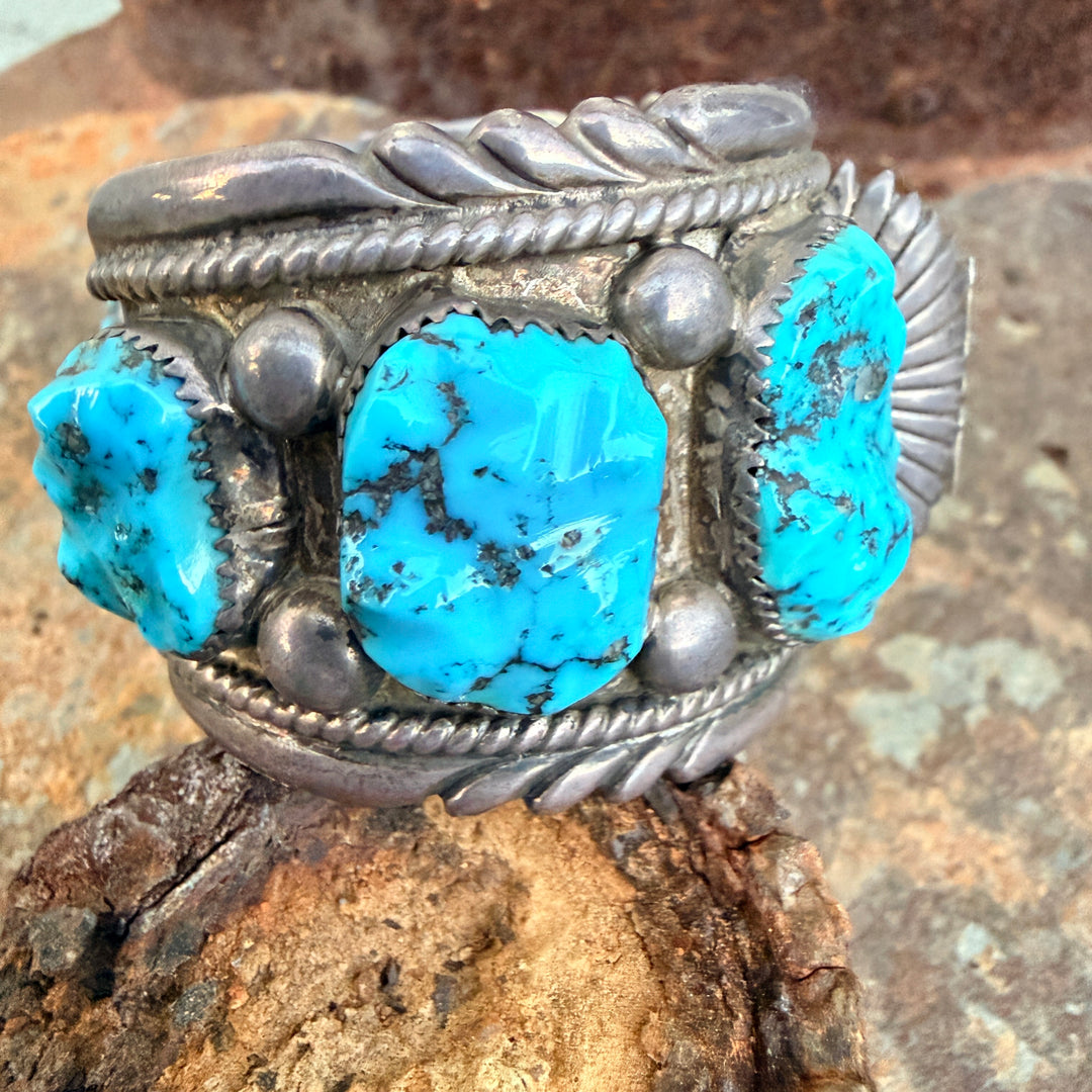 Signed Sterling Silver & Turquoise Watch Band Cuff Bracelet Robert & Bernice Leekya Zuni