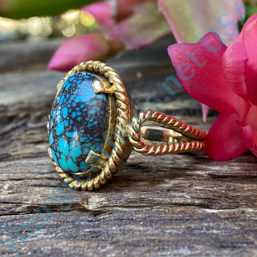 18K Yellow Gold Spider Web Turquoise Ring Size 7