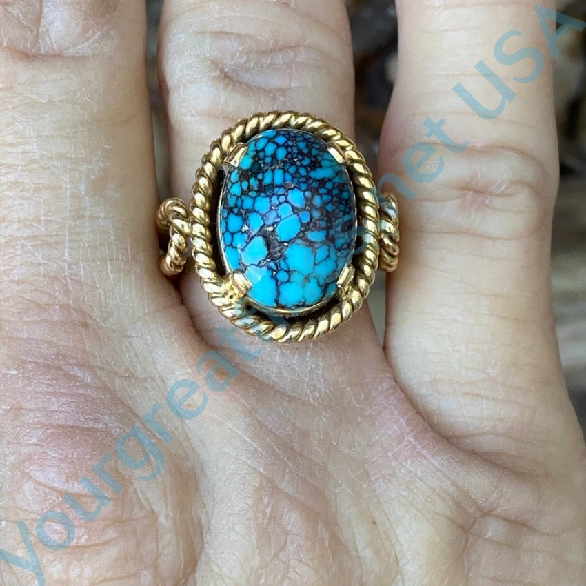 18K Yellow Gold Spider Web Turquoise Ring Size 7