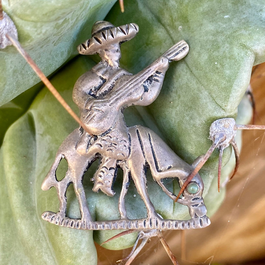 1920S Sterling Silver Mexico Tourist Pin Musician Burro Turquoise