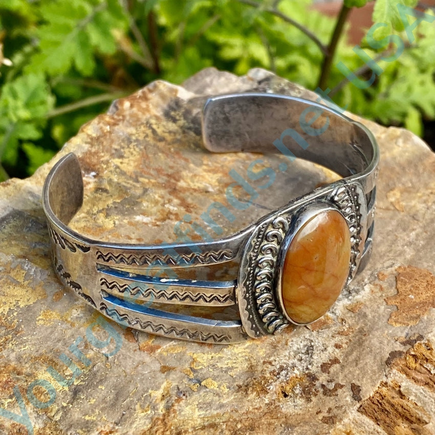 1920s Wrought Silver Navajo Bracelet Petrified Wood - Yourgreatfinds