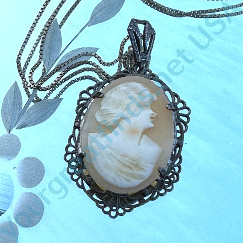 1940 Carved Shell Cameo Necklace Sterling Silver