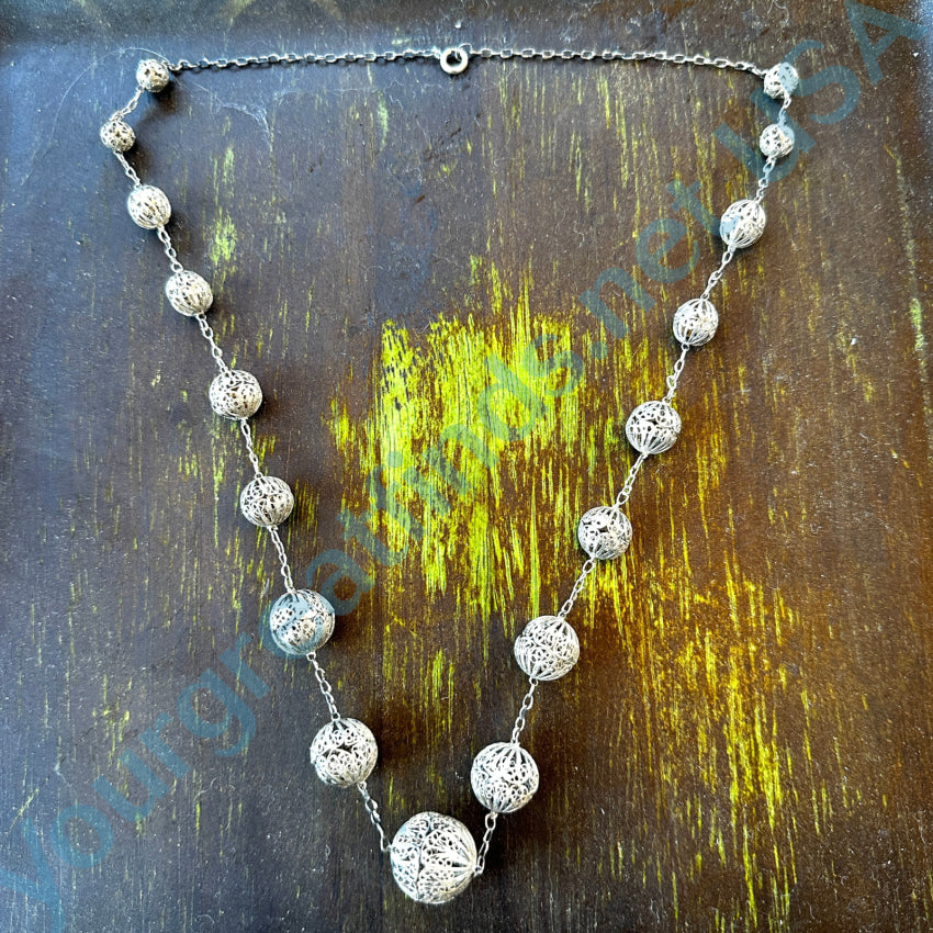 1940S Sterling Silver Filigree Beaded Necklace Necklace