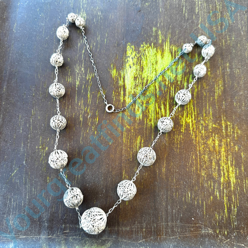 1940S Sterling Silver Filigree Beaded Necklace Necklace