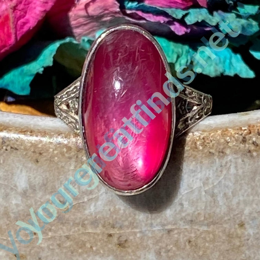 1940s Sterling Silver Pink Art Glass Ring Uncas Size 5.5 Yourgreatfinds