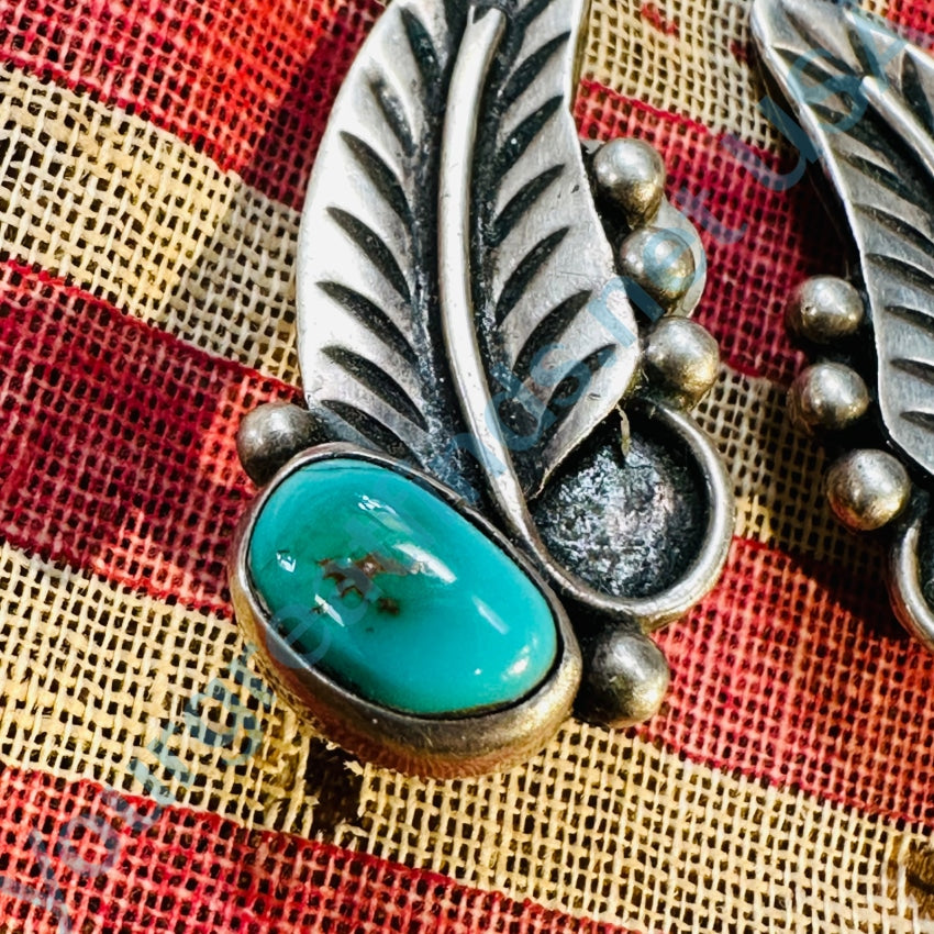 1950S Navajo One Feather Turquoise Earrings Sterling Clip
