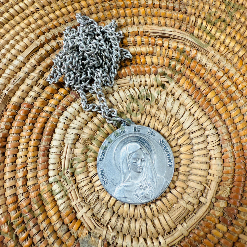 1950s Sterling Silver Sweet Heart of Mary Necklace necklace