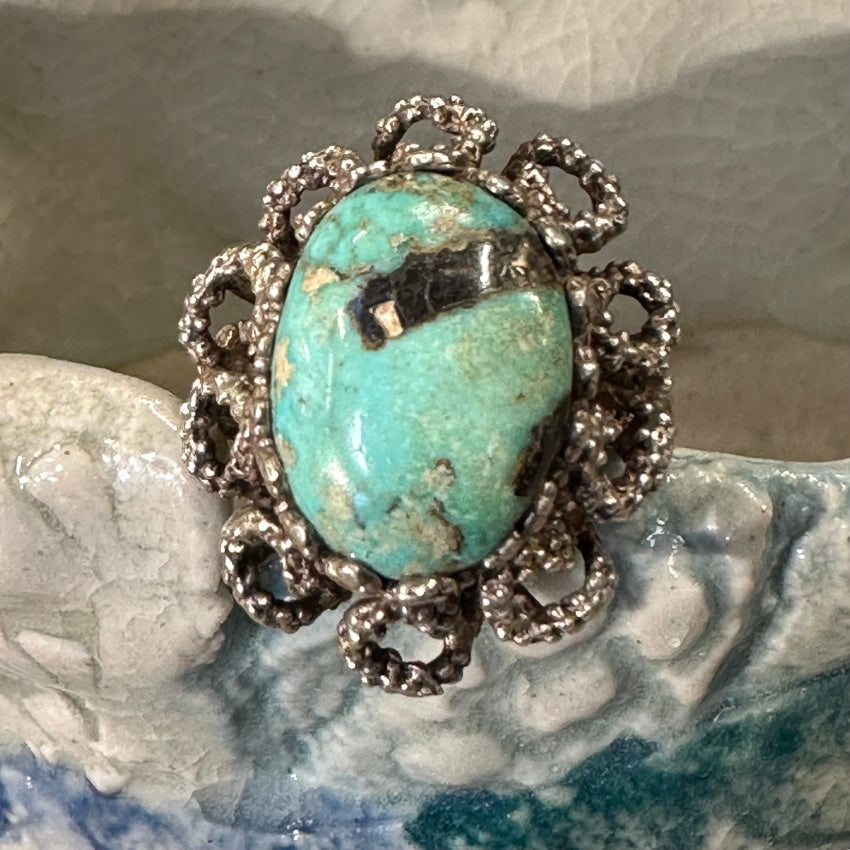 1970S Brutalist Sterling Silver Ring Turquoise Size 6.5