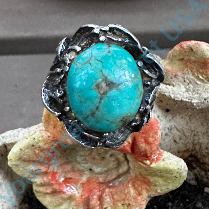 1970S Lost Wax Cast Sterling Silver Turquoise Ring Size 7