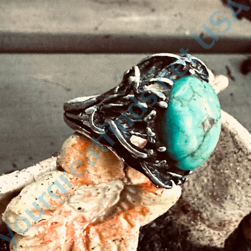 1970S Lost Wax Cast Sterling Silver Turquoise Ring Size 7