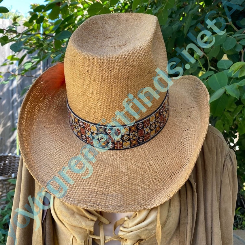 1970s Stetson Tall Crown Straw Western Summer Hat 7 3/8 Yourgreatfinds