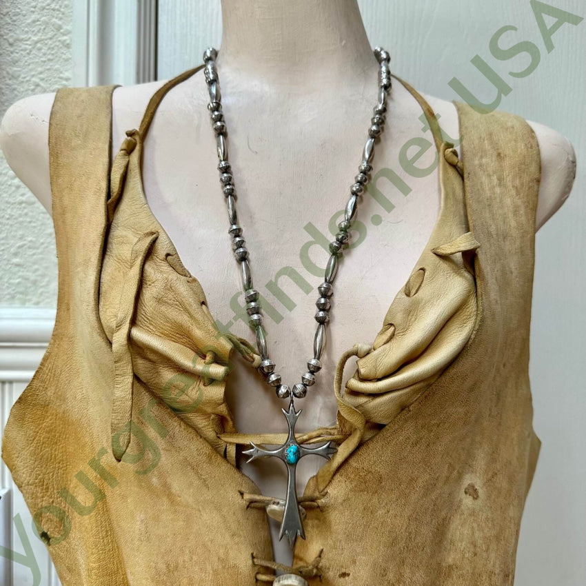 1976 Navajo Bench Bead Cross Necklace Sterling Turquoise