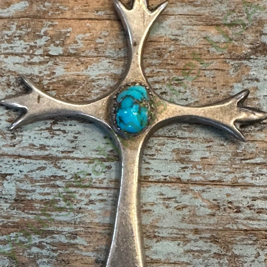 1976 Navajo Bench Bead Cross Necklace Sterling Turquoise
