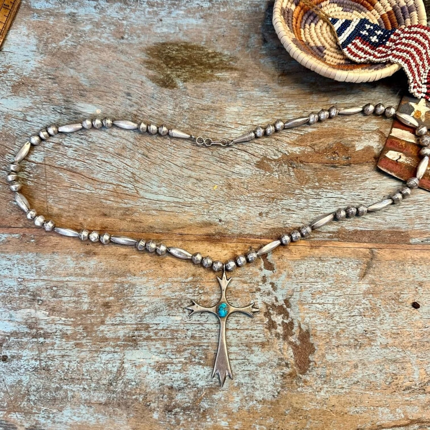 1976 Navajo Bench Bead Cross Necklace Sterling Turquoise