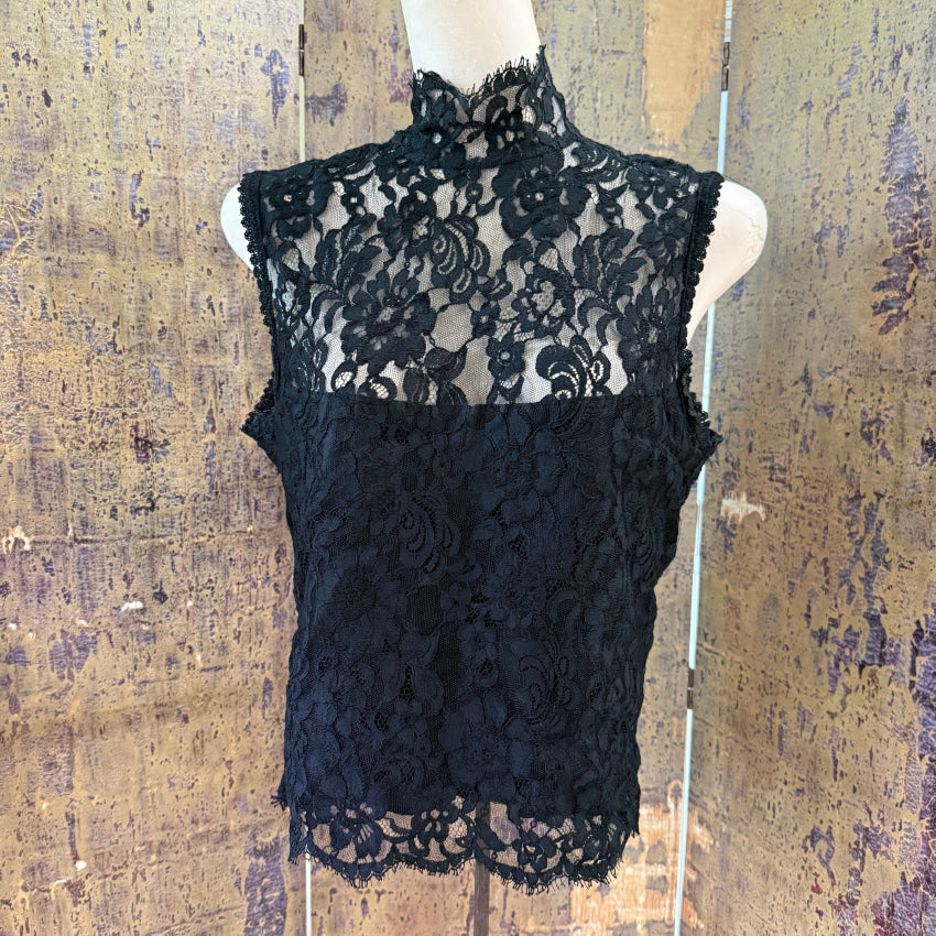 1985 Jessica McClintock Sleeveless Black Lace Blouse S lace top