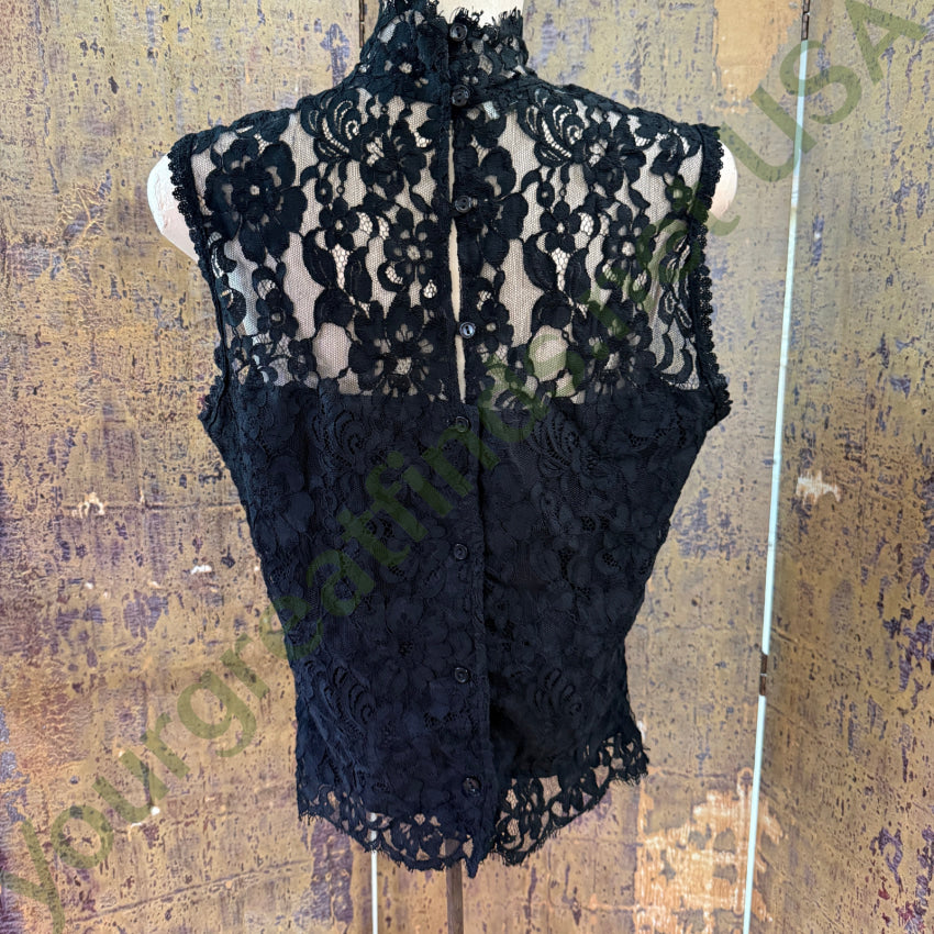 1985 Jessica McClintock Sleeveless Black Lace Blouse S lace top