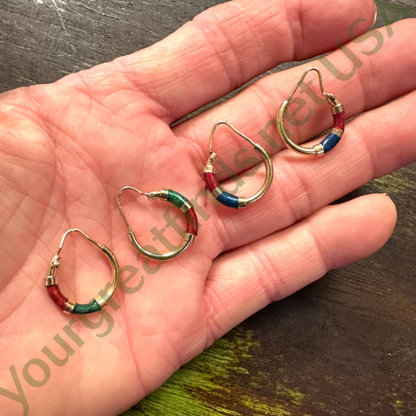 2 Pair Gold Over Sterling Silver & Enamel Pierced Hoop Earrings Earrings