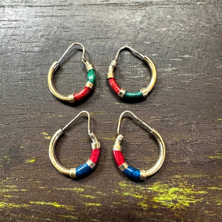 2 Pair Gold Over Sterling Silver & Enamel Pierced Hoop Earrings Earrings