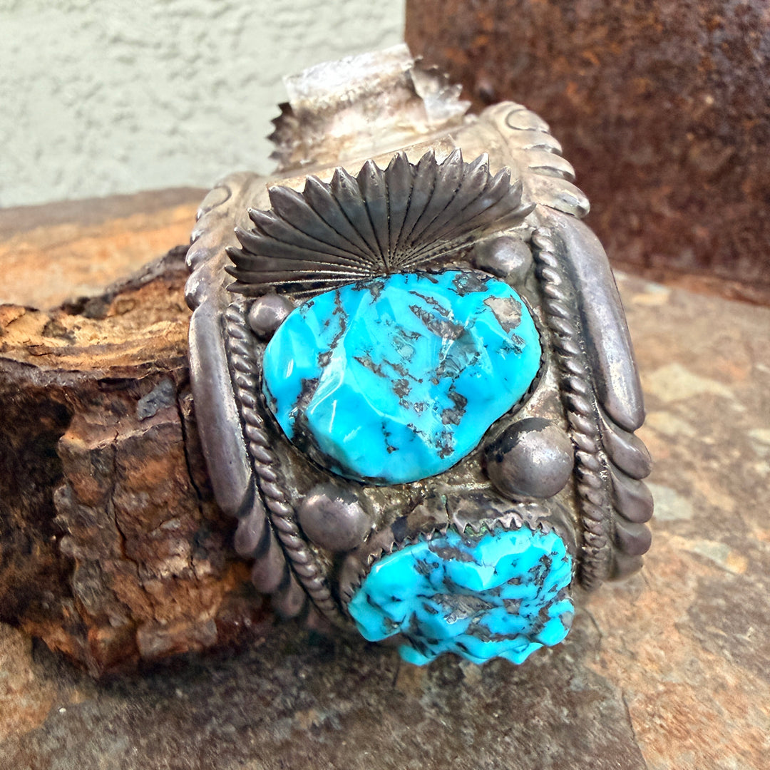 Signed Sterling Silver & Turquoise Watch Band Cuff Bracelet Robert & Bernice Leekya Zuni
