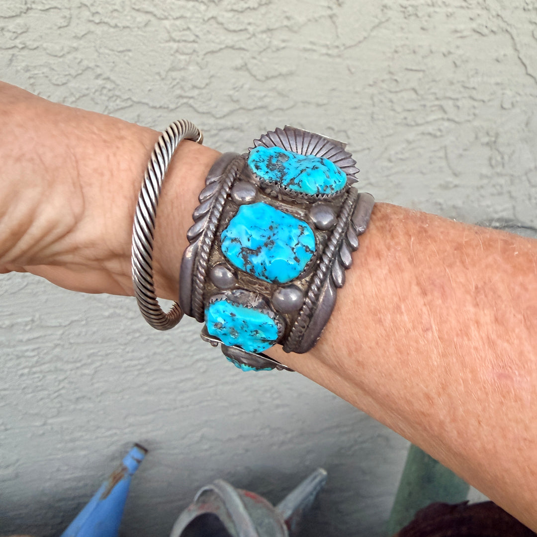 Signed Sterling Silver & Turquoise Watch Band Cuff Bracelet Robert & Bernice Leekya Zuni
