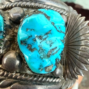 Signed Sterling Silver & Turquoise Watch Band Cuff Bracelet Robert & Bernice Leekya Zuni