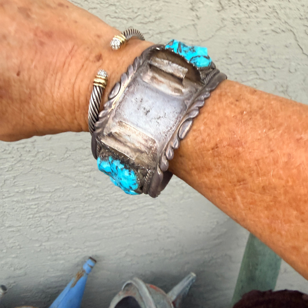 Signed Sterling Silver & Turquoise Watch Band Cuff Bracelet Robert & Bernice Leekya Zuni