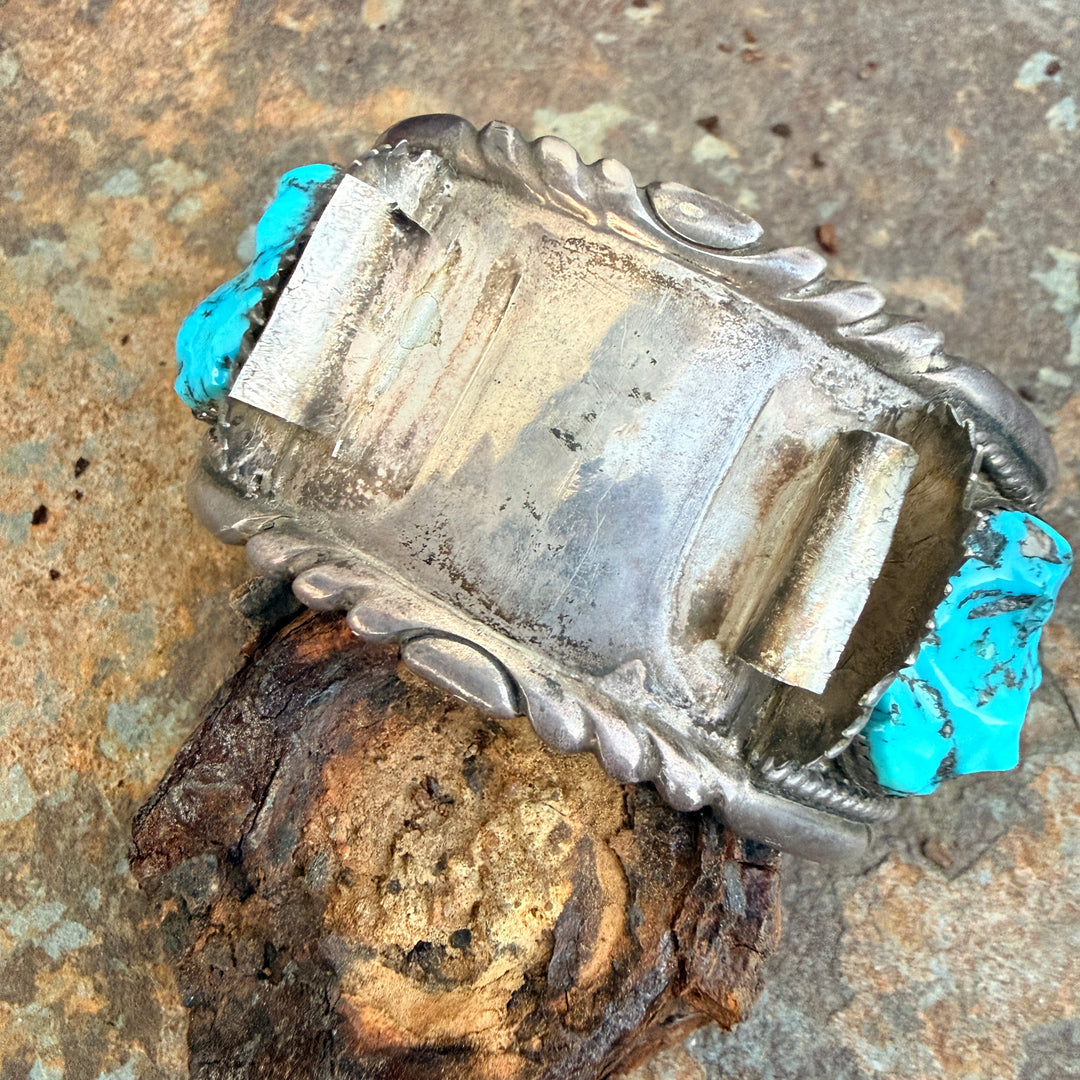 Signed Sterling Silver & Turquoise Watch Band Cuff Bracelet Robert & Bernice Leekya Zuni