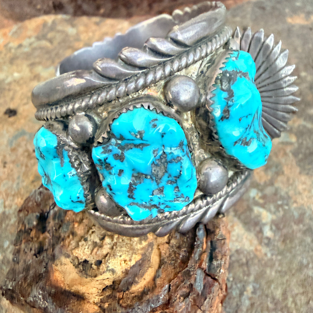 Signed Sterling Silver & Turquoise Watch Band Cuff Bracelet Robert & Bernice Leekya Zuni