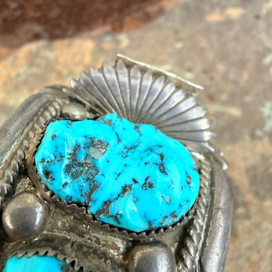 Signed Sterling Silver & Turquoise Watch Band Cuff Bracelet Robert & Bernice Leekya Zuni
