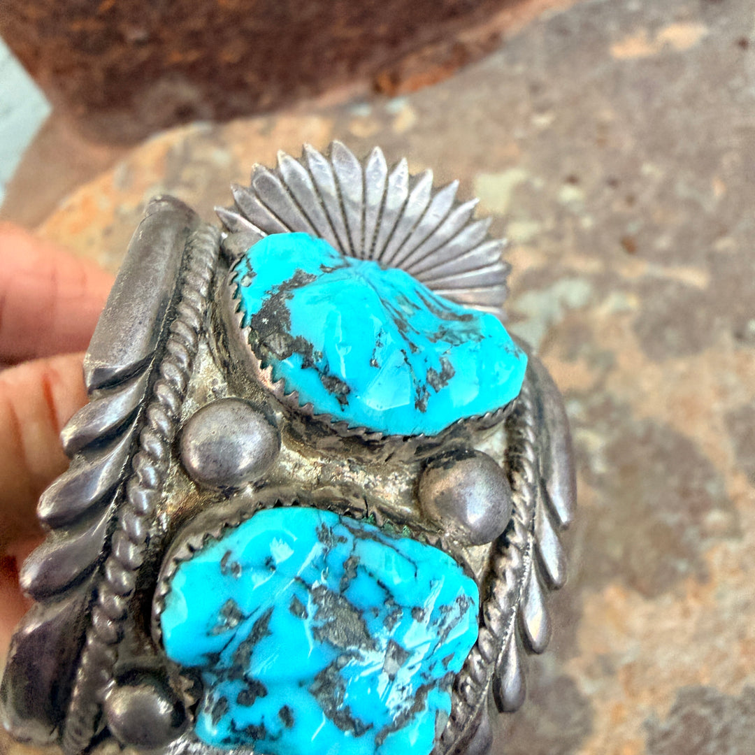 Signed Sterling Silver & Turquoise Watch Band Cuff Bracelet Robert & Bernice Leekya Zuni