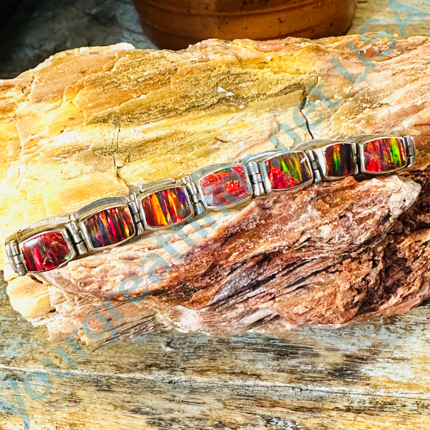 950 Fine Sterling Silver & Red Fire Opal Link Bracelet