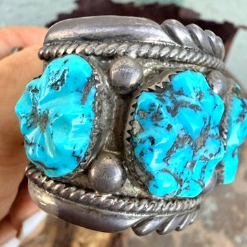 Signed Sterling Silver & Turquoise Watch Band Cuff Bracelet Robert & Bernice Leekya Zuni