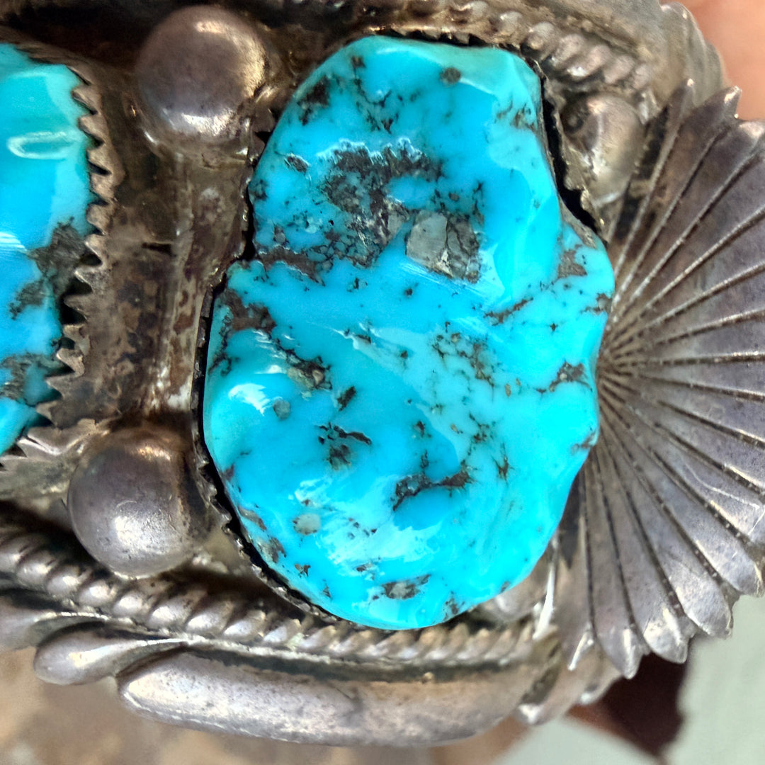 Signed Sterling Silver & Turquoise Watch Band Cuff Bracelet Robert & Bernice Leekya Zuni