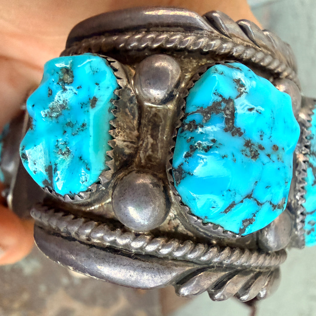 Signed Sterling Silver & Turquoise Watch Band Cuff Bracelet Robert & Bernice Leekya Zuni