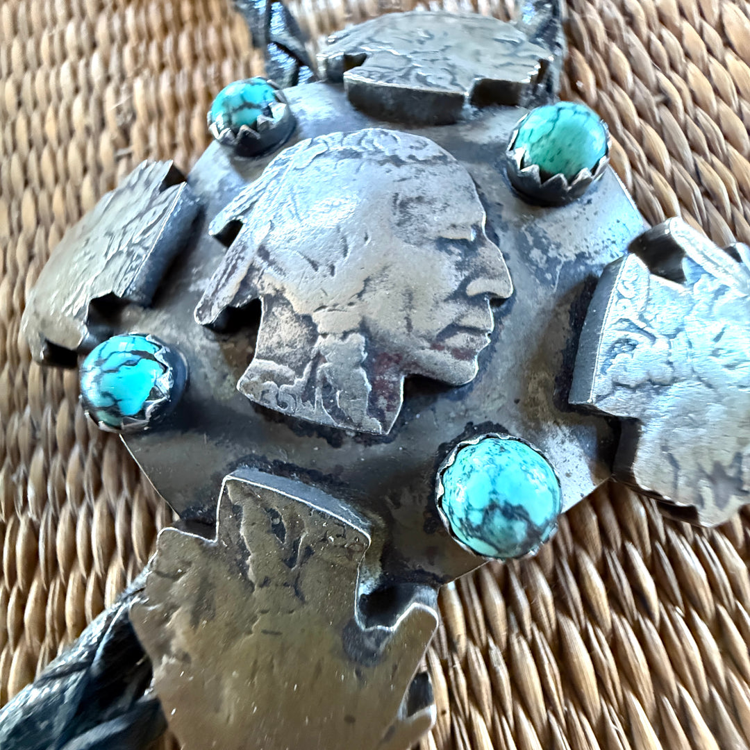 Vintage Navajo Sterling Silver & Indian Head Nickel Leather Bolo Tie