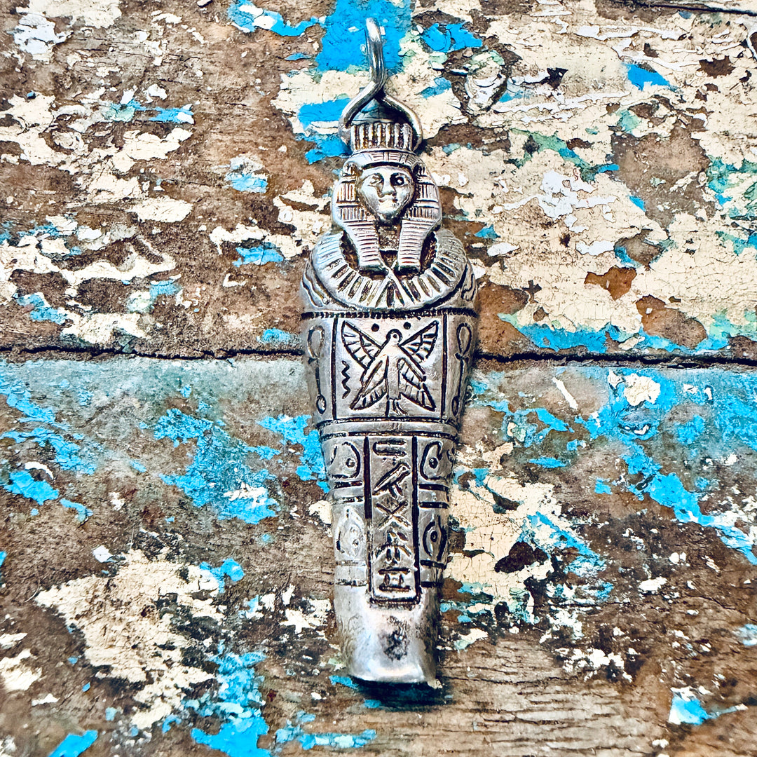 Vintage Cast Sterling Silver Egyptian Mummy Sarcophagus Pendant