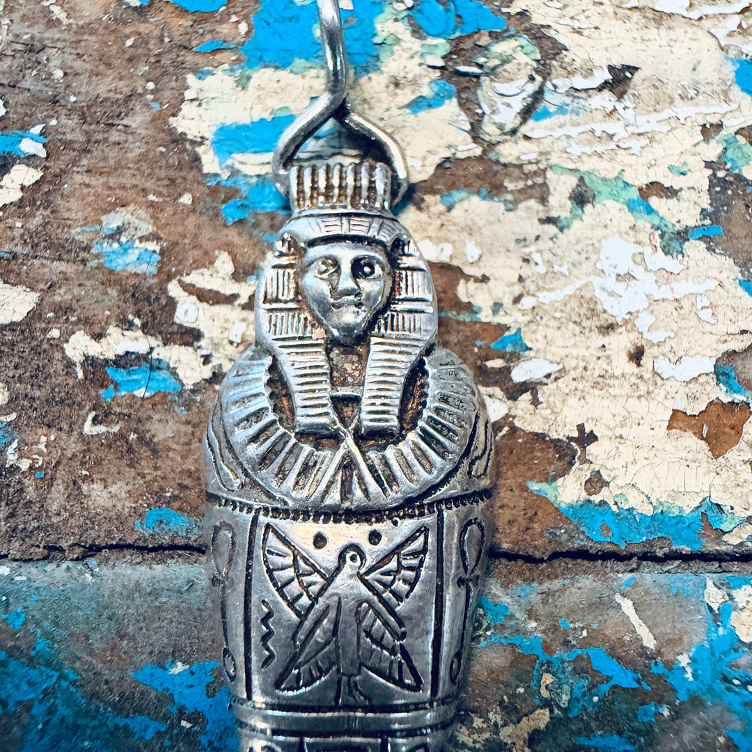 Vintage Cast Sterling Silver Egyptian Mummy Sarcophagus Pendant