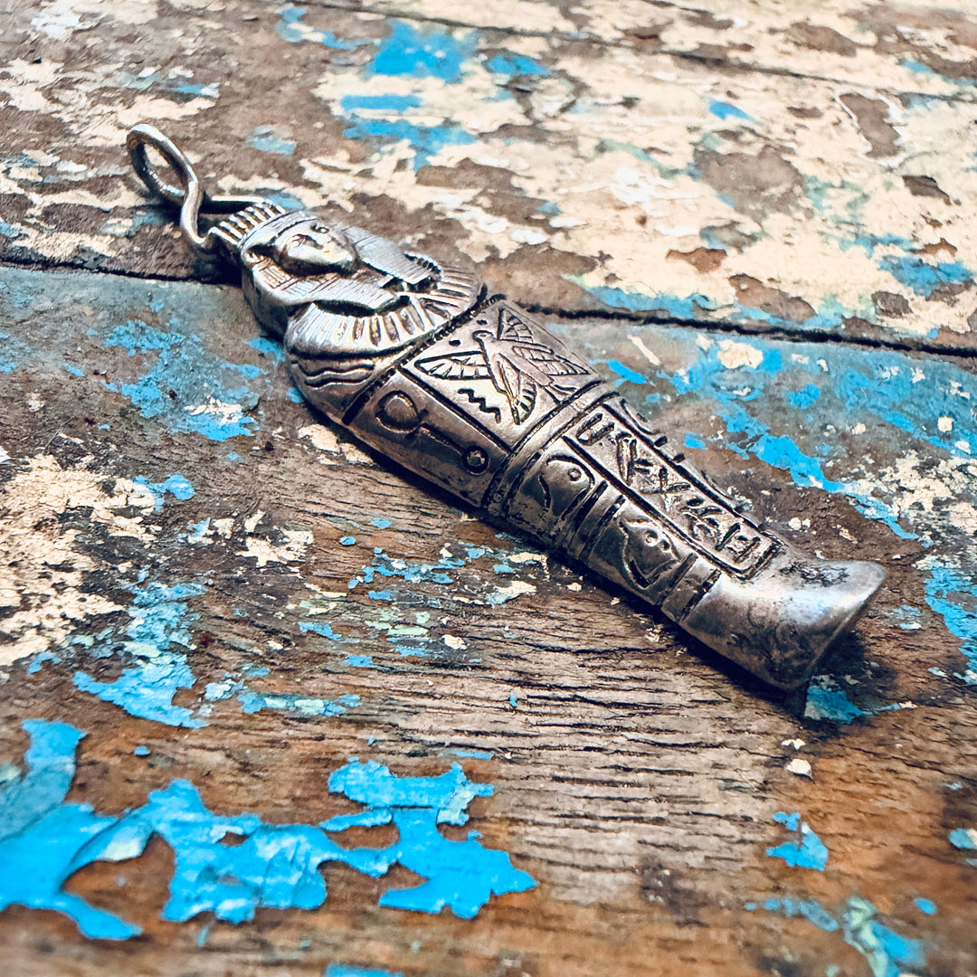 Vintage Cast Sterling Silver Egyptian Mummy Sarcophagus Pendant