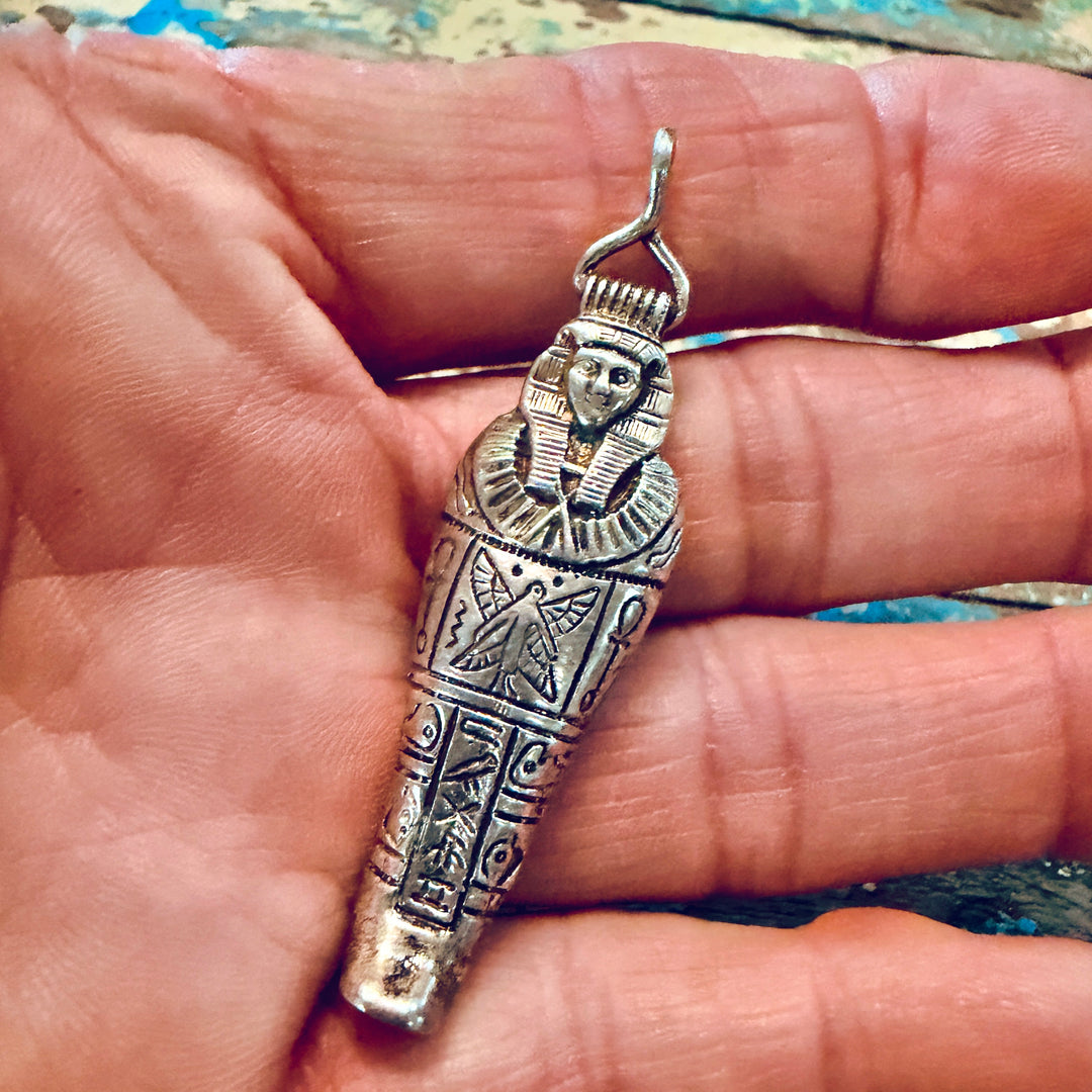 Vintage Cast Sterling Silver Egyptian Mummy Sarcophagus Pendant