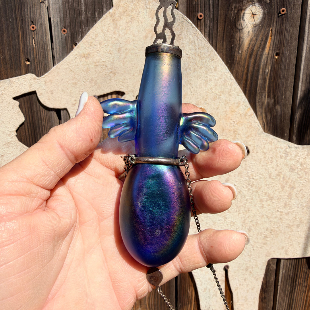 Vintage Hand Blown Glass Indigo Aurora Borealis Perfume Bottle Necklace