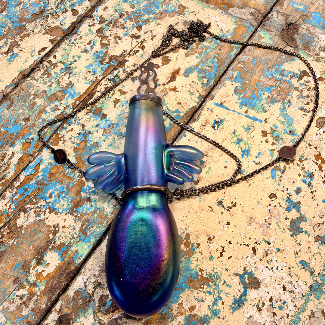 Vintage Hand Blown Glass Indigo Aurora Borealis Perfume Bottle Necklace