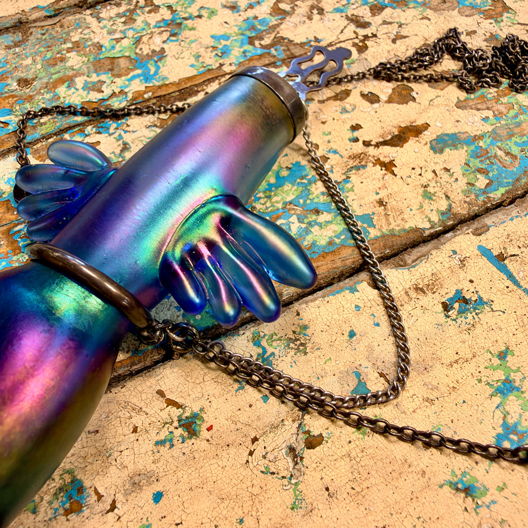 Vintage Hand Blown Glass Indigo Aurora Borealis Perfume Bottle Necklace
