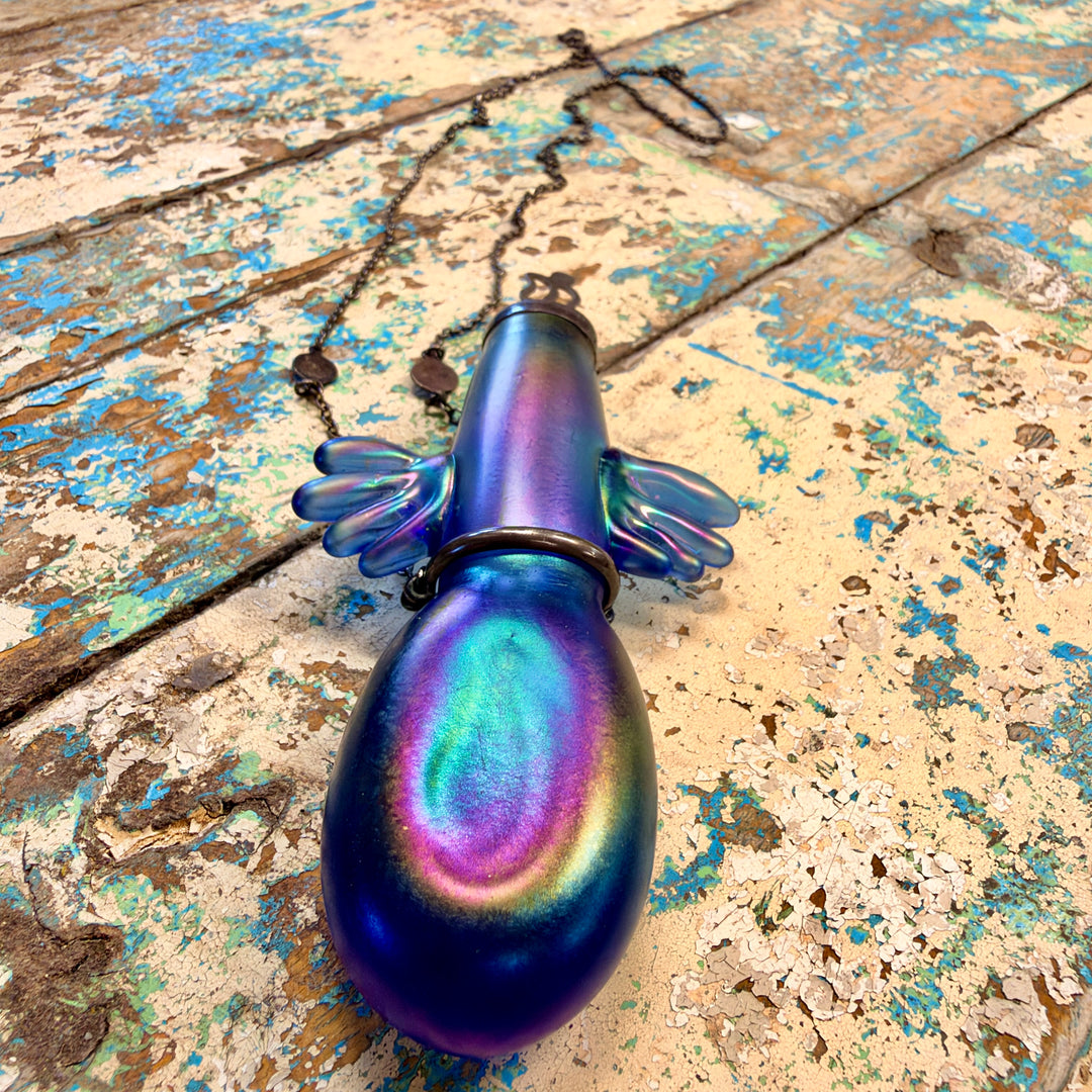 Vintage Hand Blown Glass Indigo Aurora Borealis Perfume Bottle Necklace