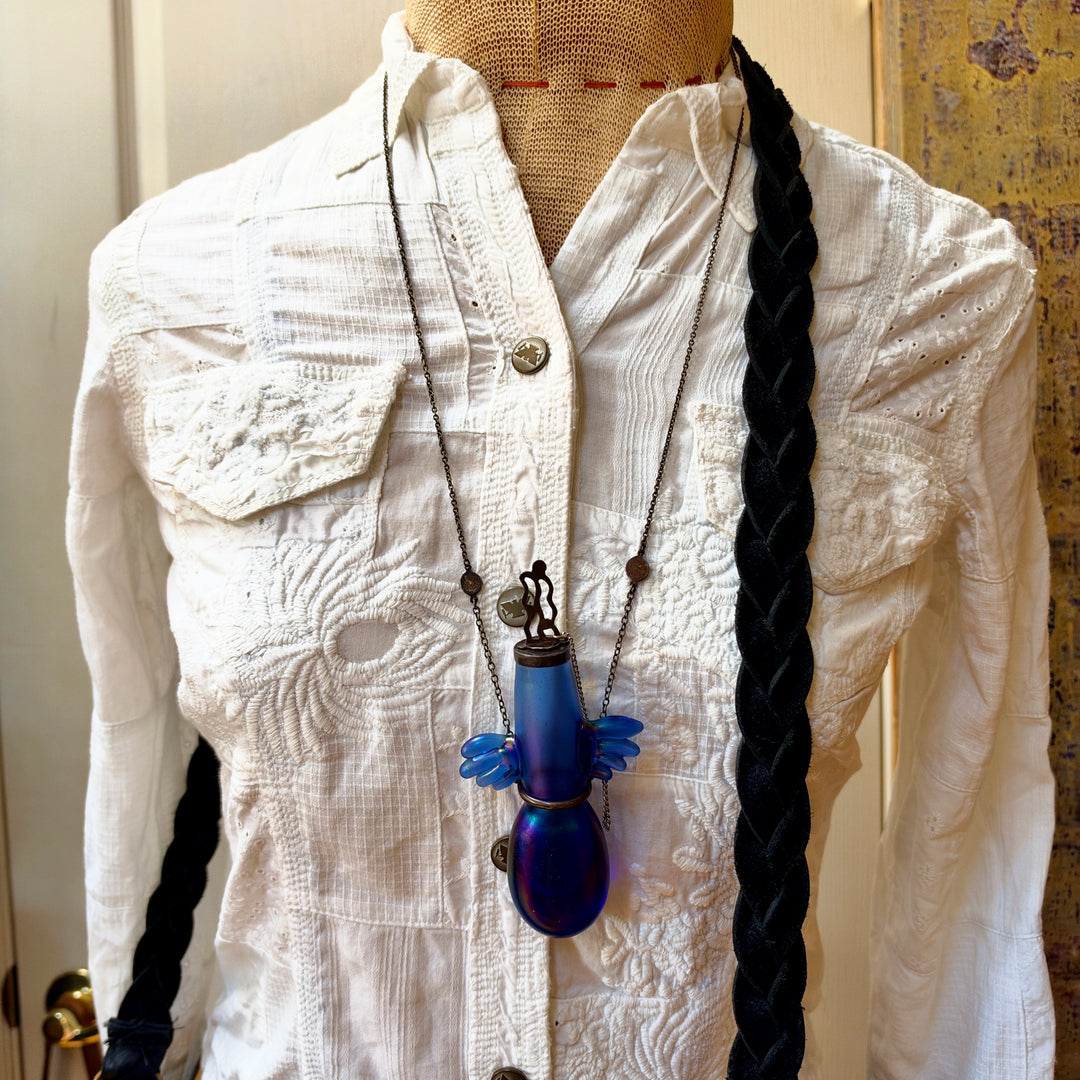Vintage Hand Blown Glass Indigo Aurora Borealis Perfume Bottle Necklace