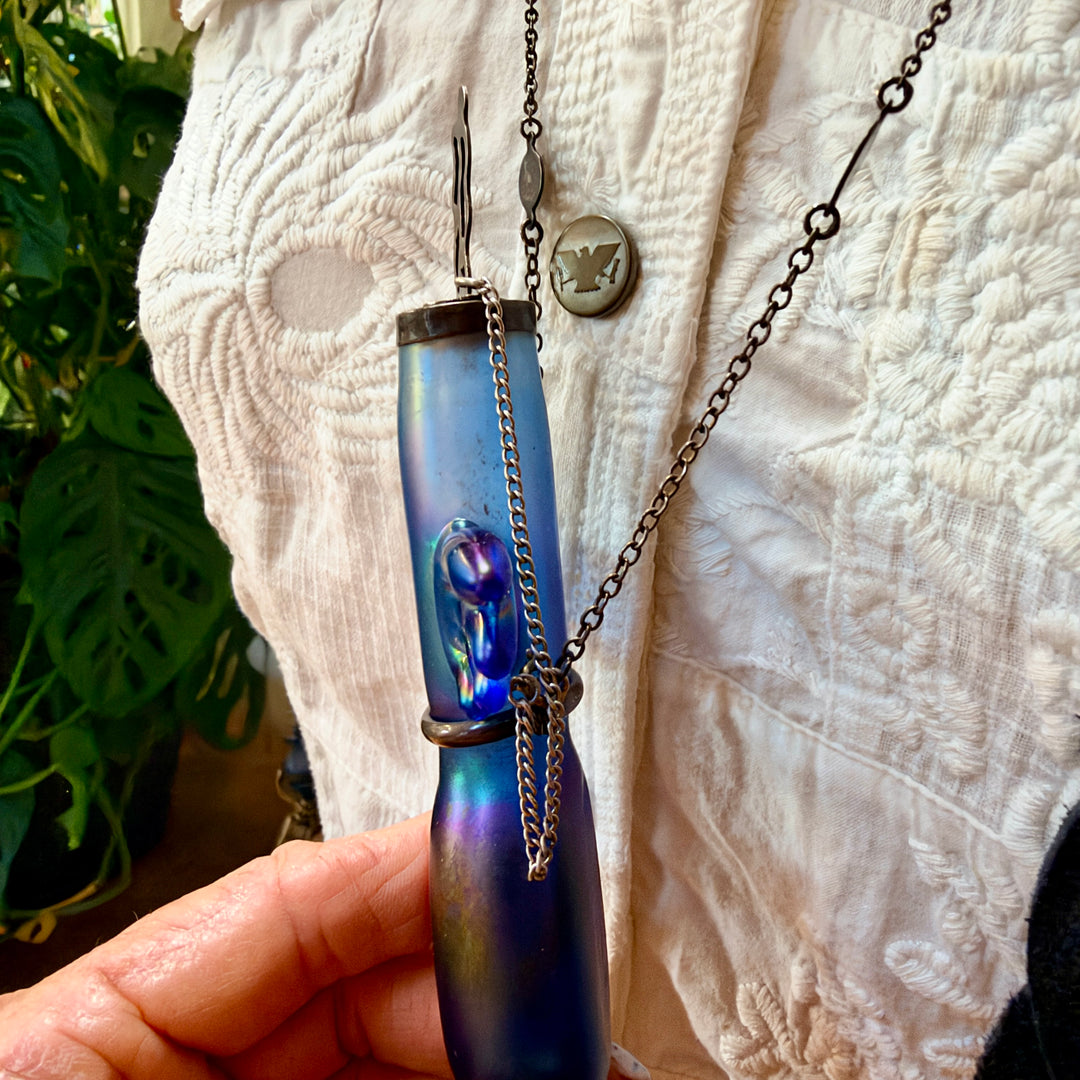 Vintage Hand Blown Glass Indigo Aurora Borealis Perfume Bottle Necklace