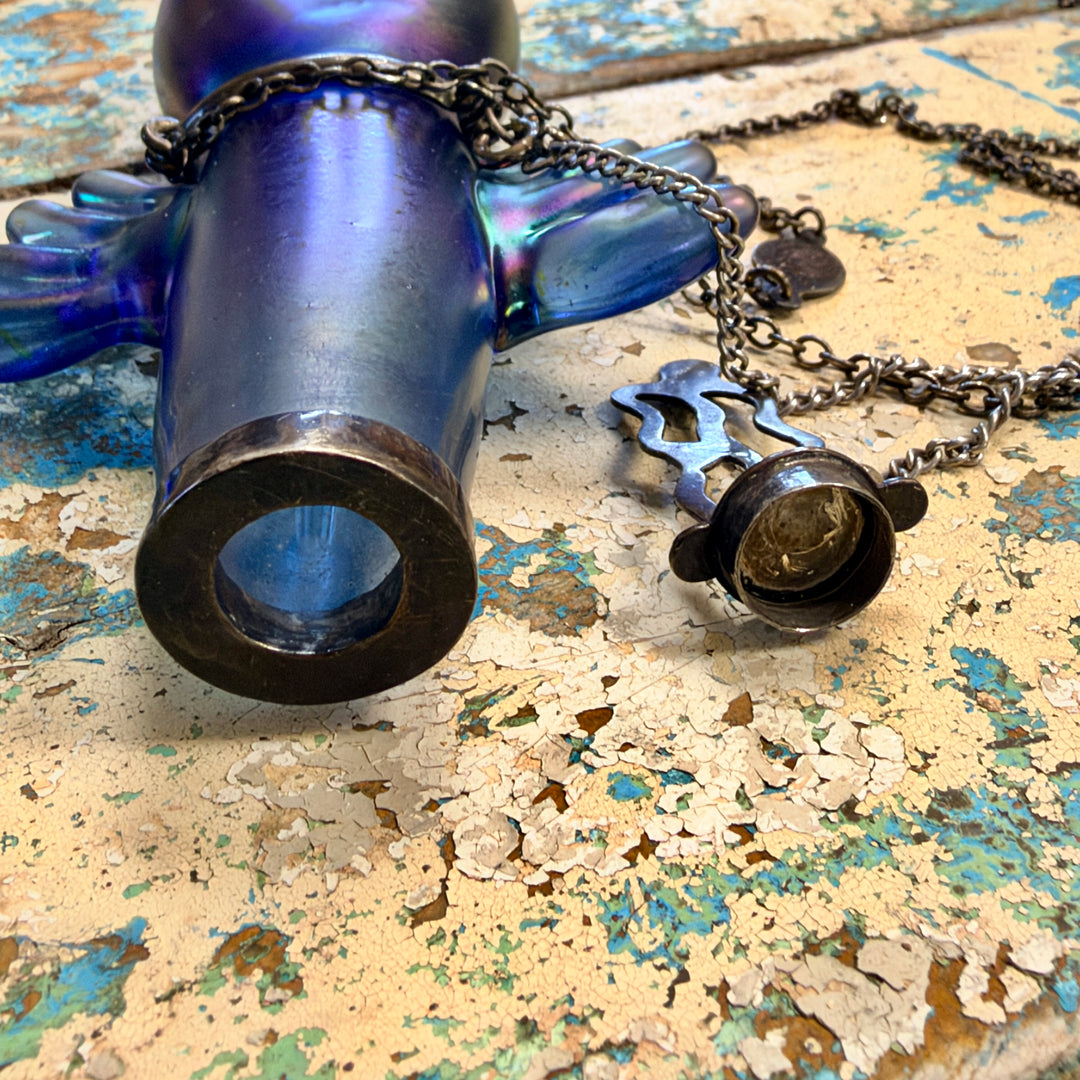Vintage Hand Blown Glass Indigo Aurora Borealis Perfume Bottle Necklace