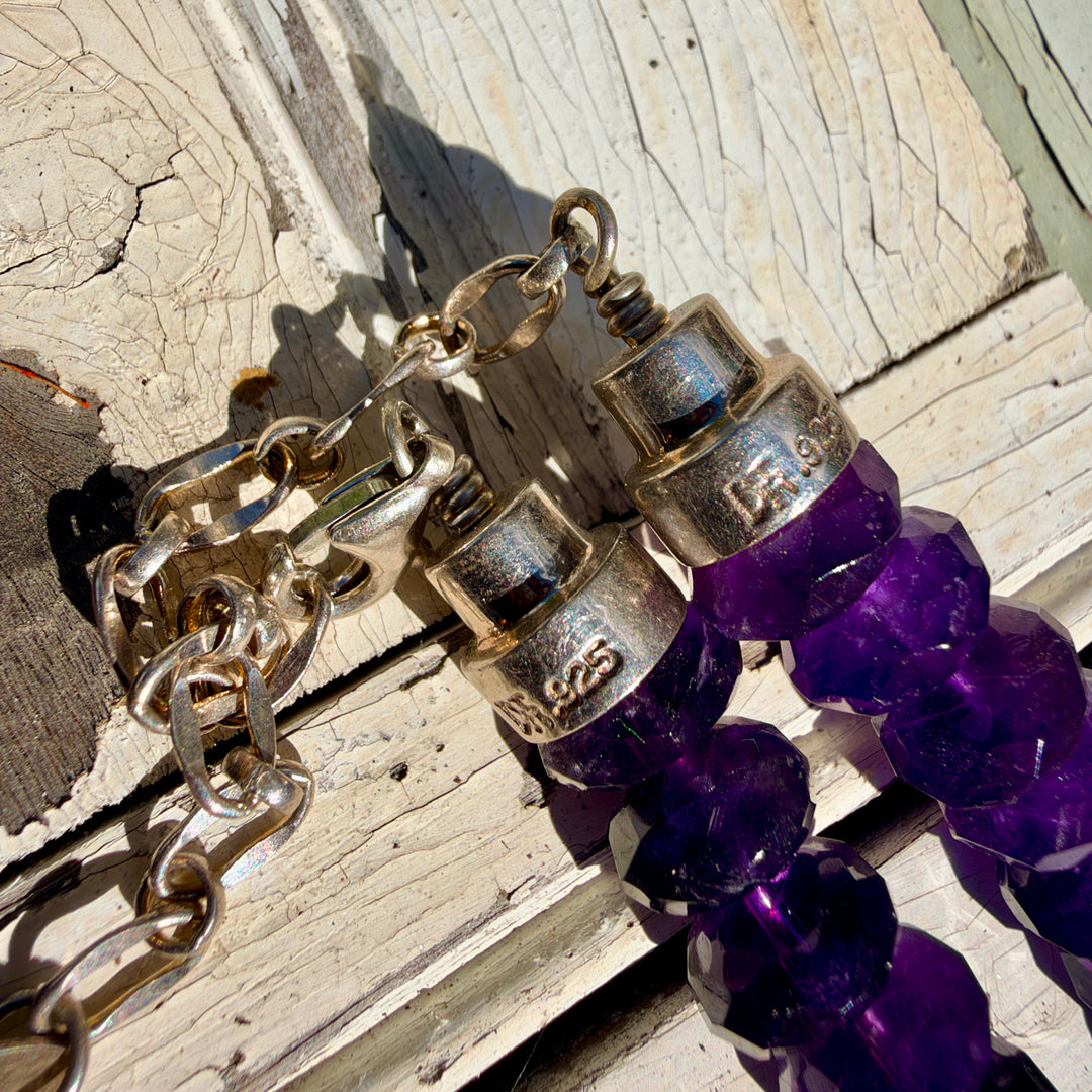 Deep Purple Faceted Bead Necklace Large Sterling Silver Enhancer Pendant
