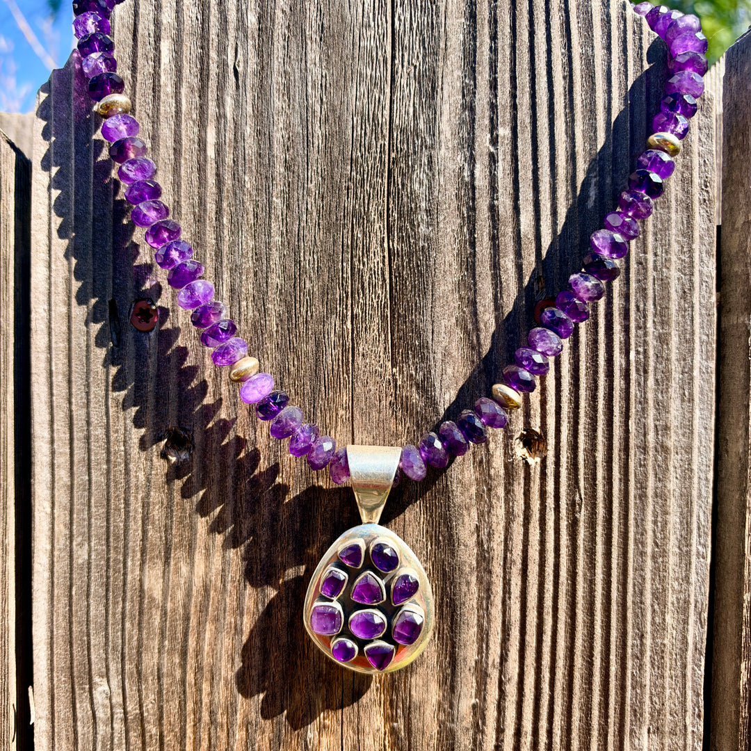 Deep Purple Faceted Bead Necklace Large Sterling Silver Enhancer Pendant