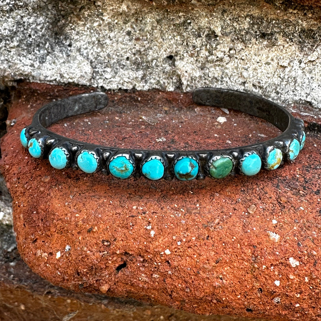 OLD Hand Wrought  Zuni Sterling Silver Turquoise Row Bracelet