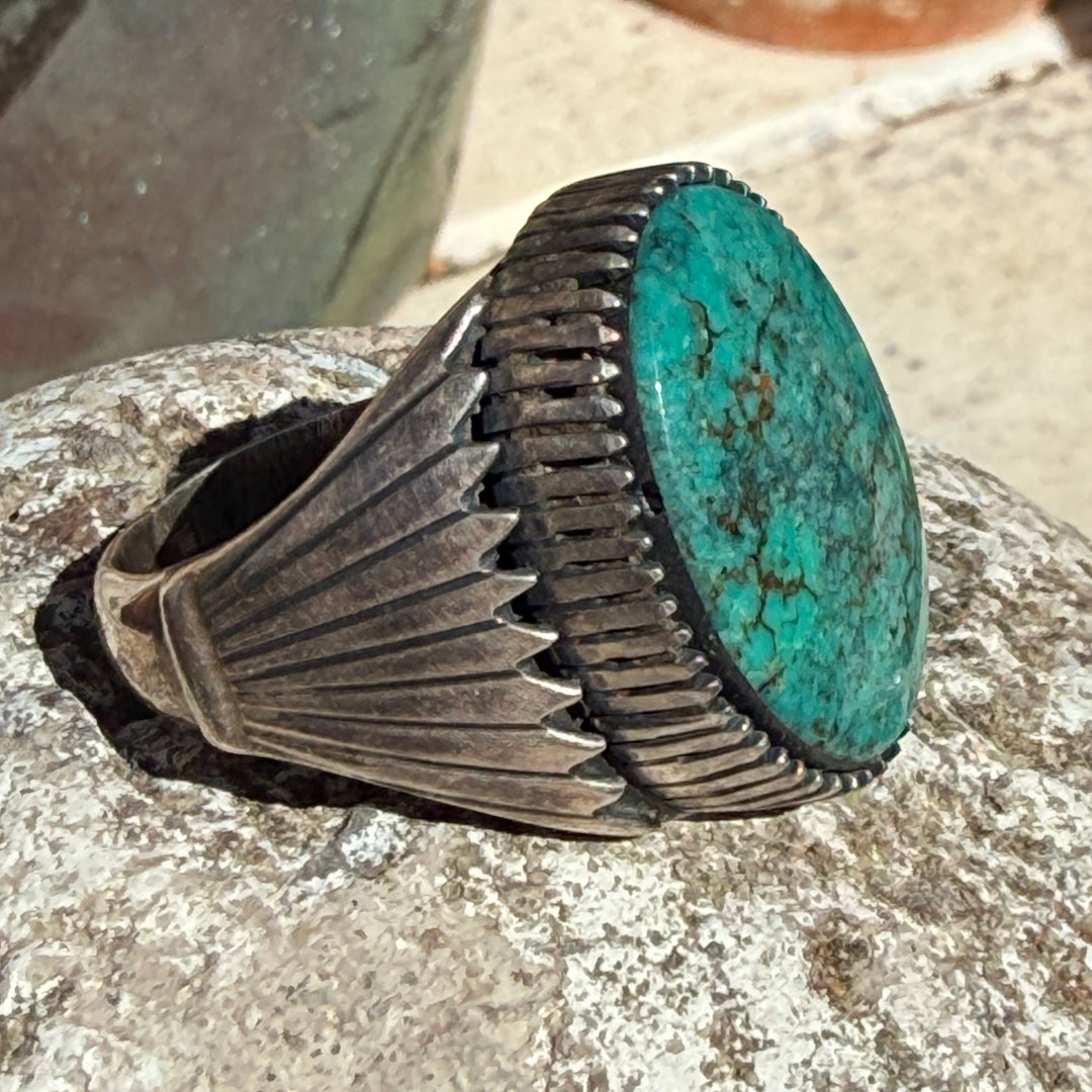 Vintage Navajo Sterling Silver & Turquoise Signet Ring Size 12